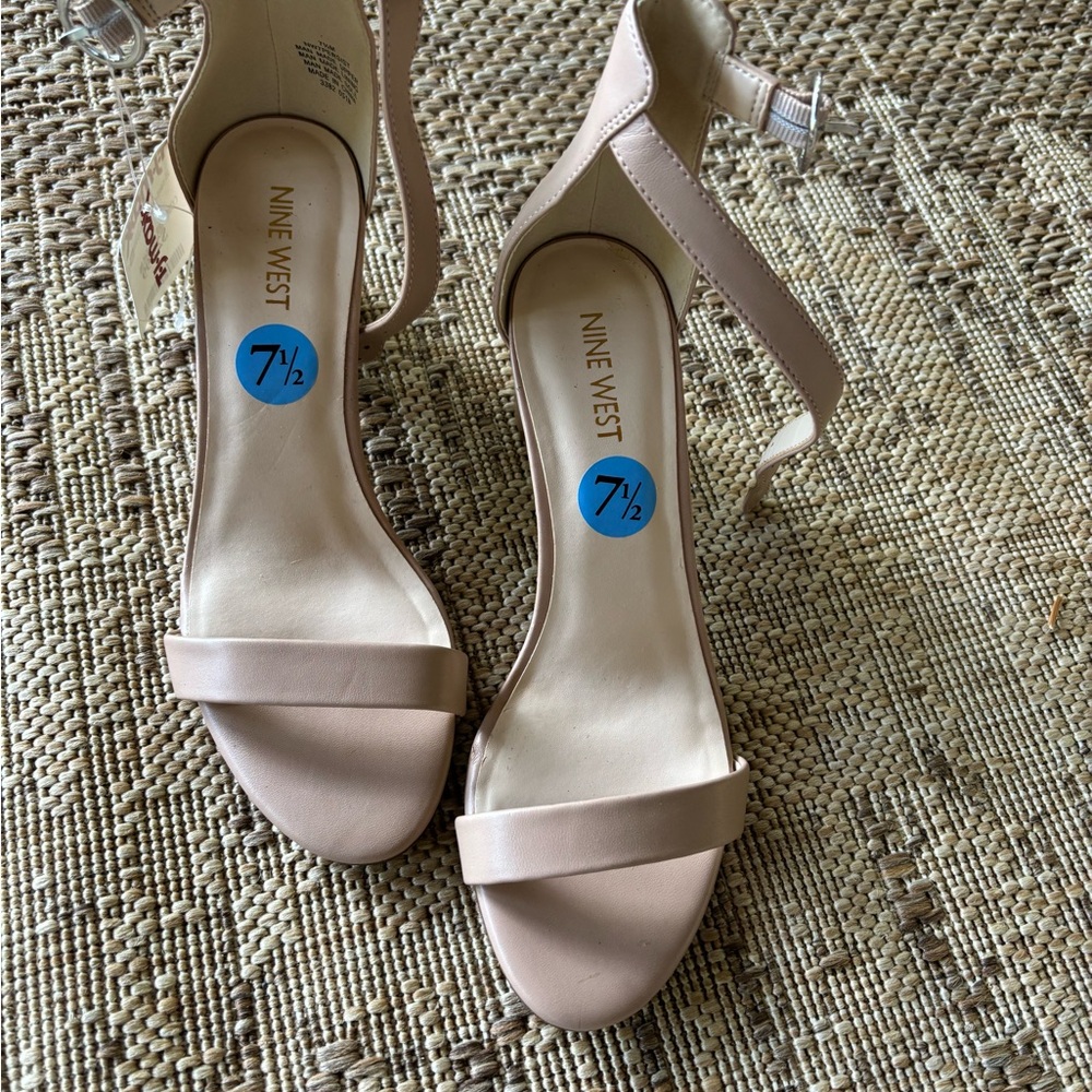 Nine West. Nude. Tan. Ankle strap sandals.